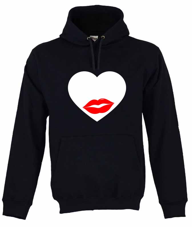 Dia dos Namorados Heart & Lips kiss Sweatshirt Unissexo com Capuz Preta Unissexo.